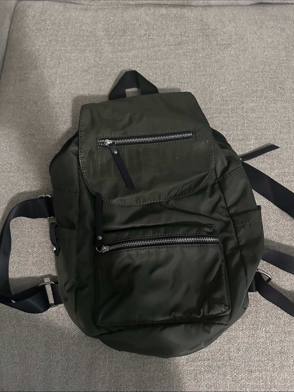 Madden Girl Olive Green Nylon Backpack with Front Zip Pockets